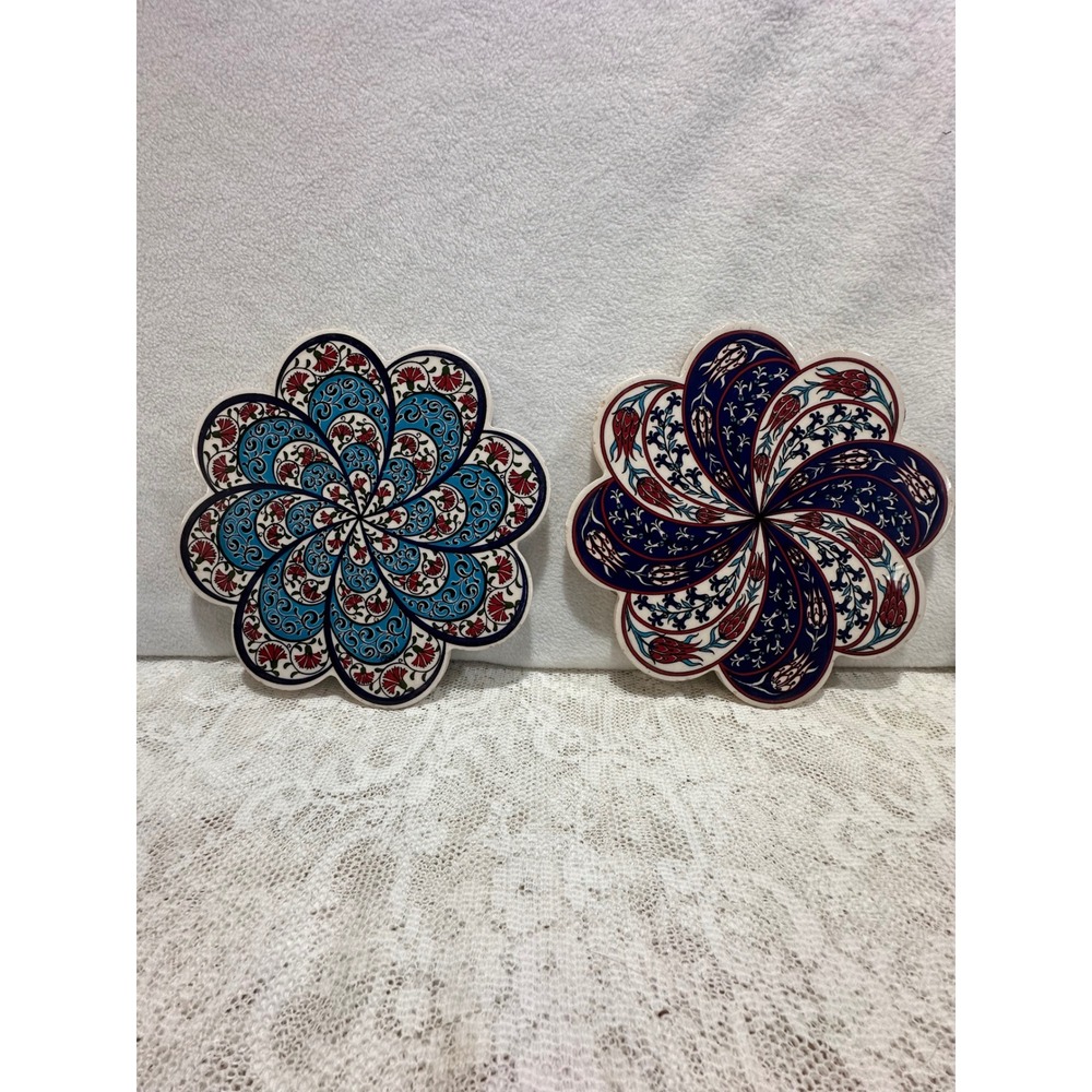Turkish Ceramic Coasters Floral Design Set of 2 Blue Red White